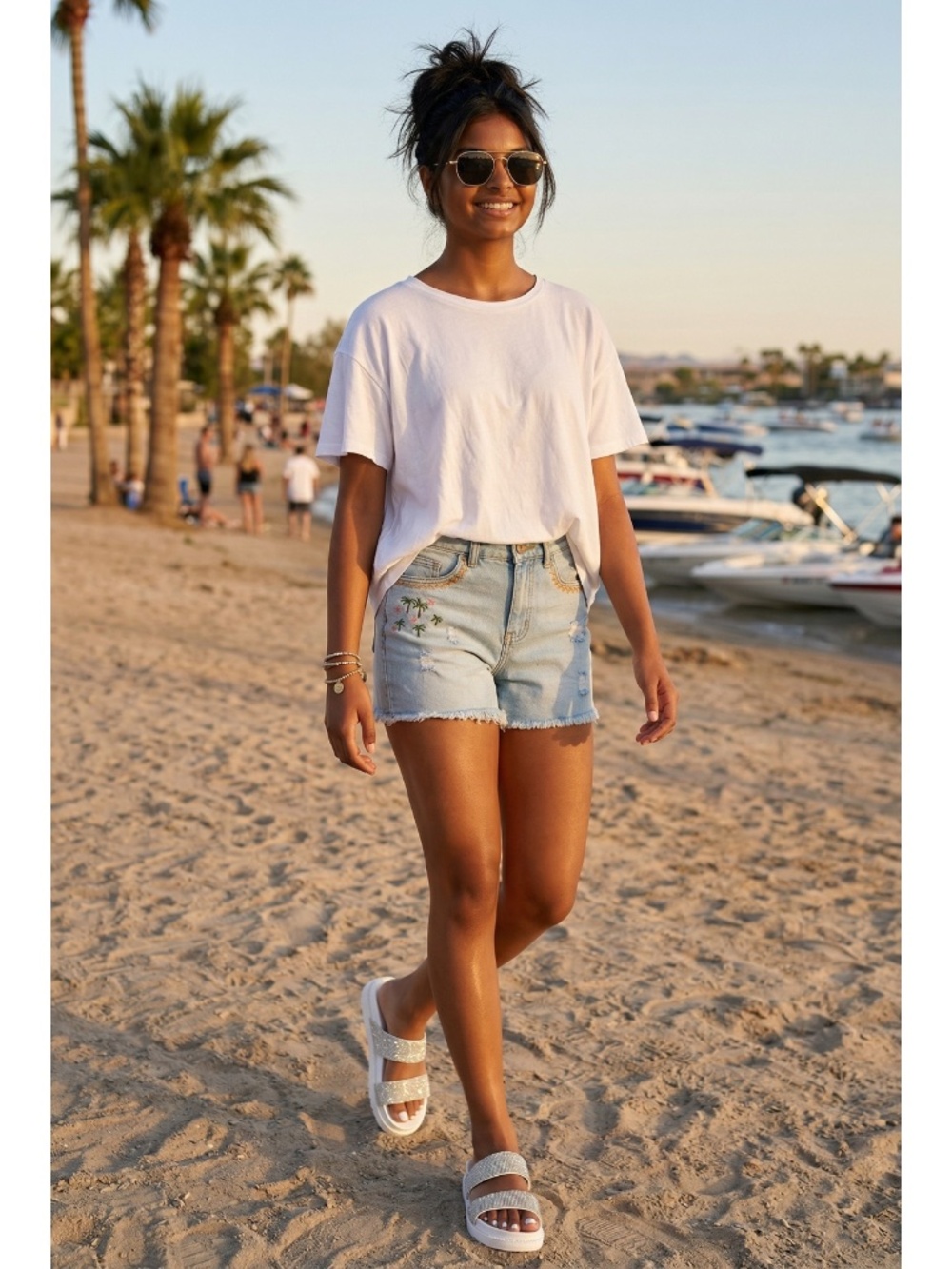 Qupid White Rhinestone Double Strap Sparkly Slide Sandals | Slip On Beach Shoes - Picture 4 of 7